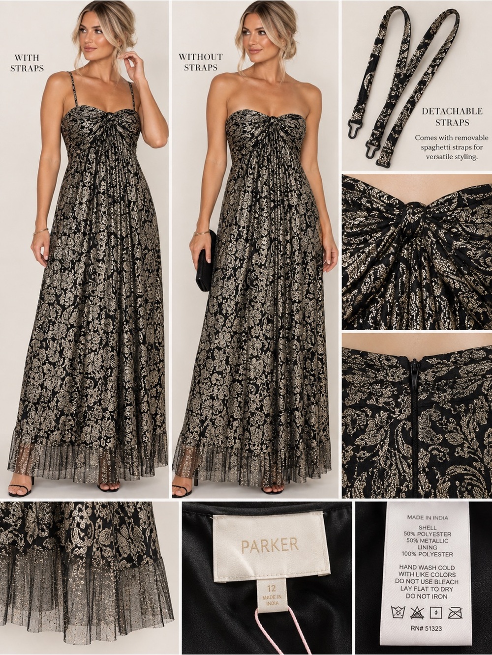 Parker Strapless Gold Metallic Brocade Maxi Dress Black Size 12 NWT - Picture 2 of 10